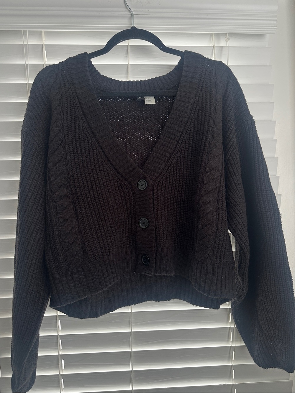 H&M Black V-Neck Button-Front Cable Knit Crop Sweater